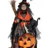 Halloween Hexe Mit Leuchtendem Kürbis & Katze 68cm -Günstiger Karneval Universum Shop halloween hexe mit katze und beleuchtetem kuerbis halloween witch with light up pumkin and cat 54766 01